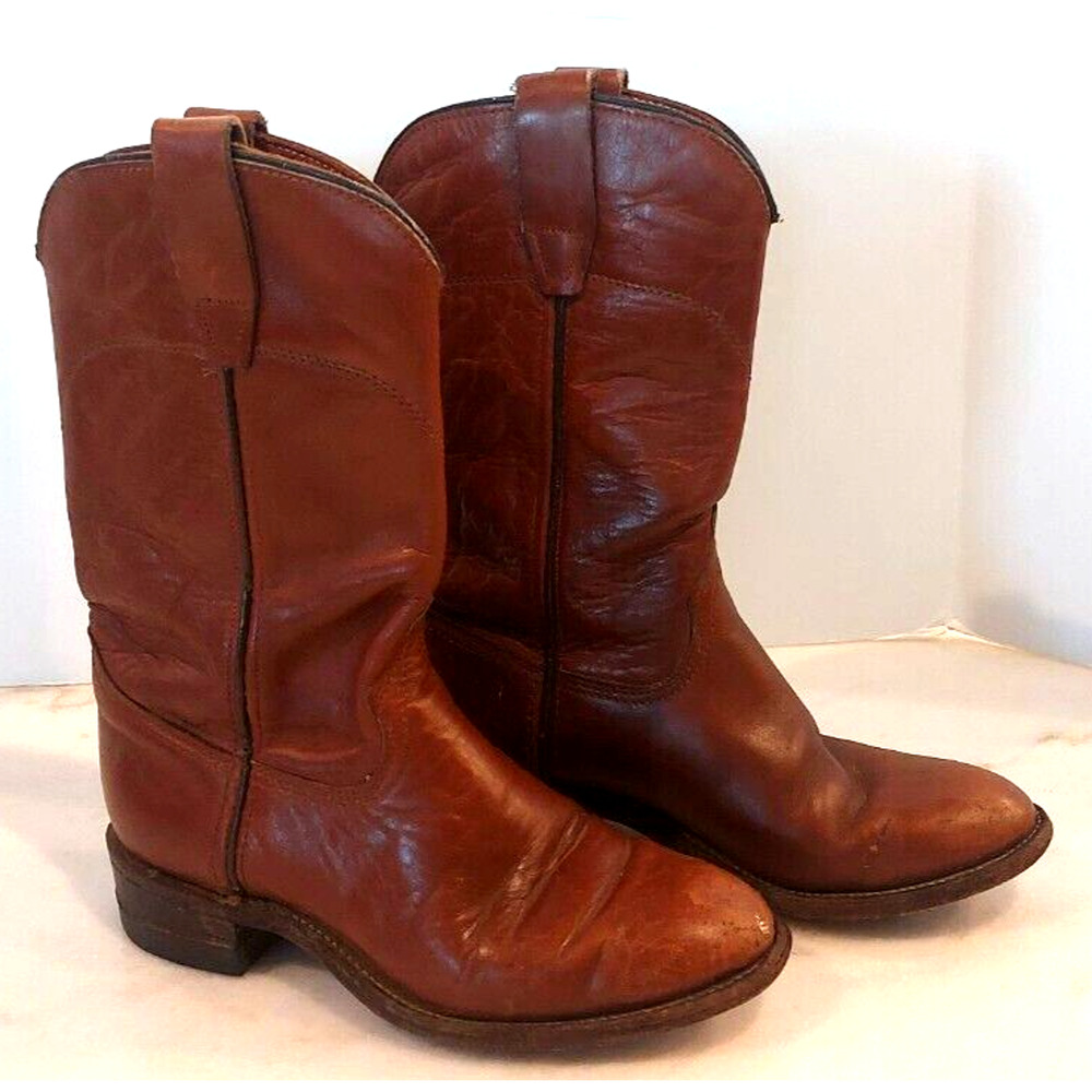 Womens Vintage Wrangler Brown‎ Leather Roper Cowboy Boots 5 M Made In USA